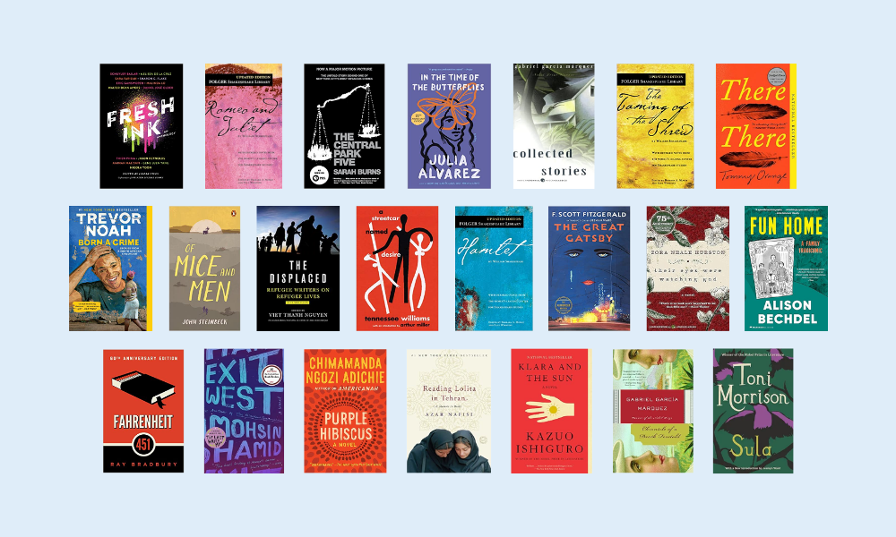 a series of book covers on a light blue background