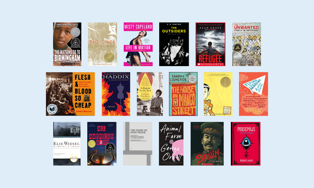 a series of book covers on a light blue background