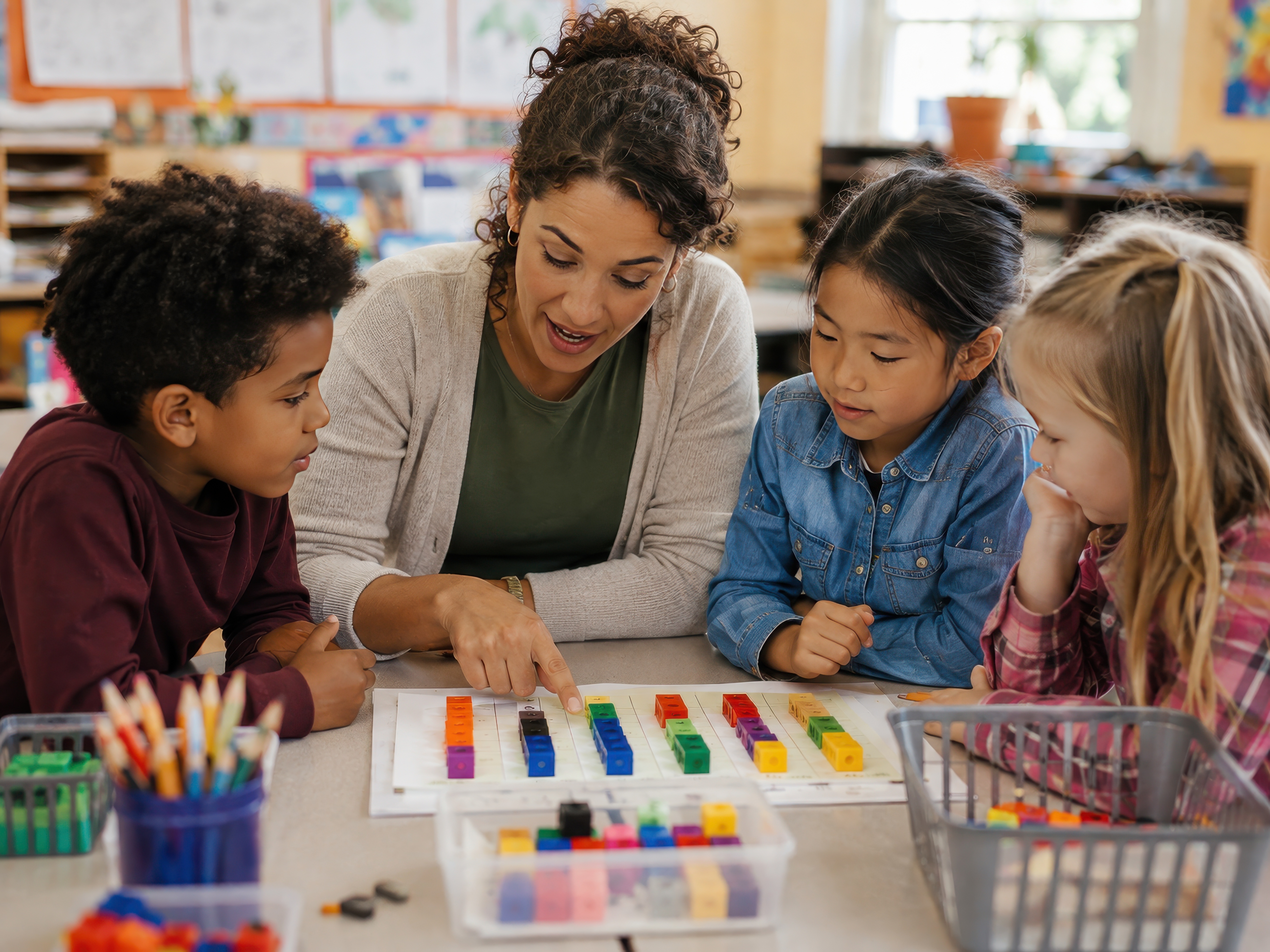 A teacher working with a small table of students