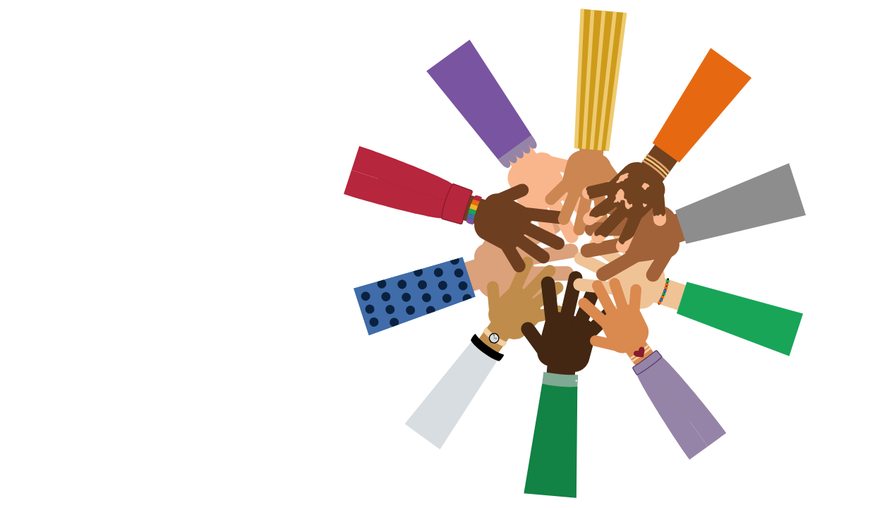 a cartoon circle of arms with hands in the middle, as if doing a team cheer; the hands are all of different skin colors