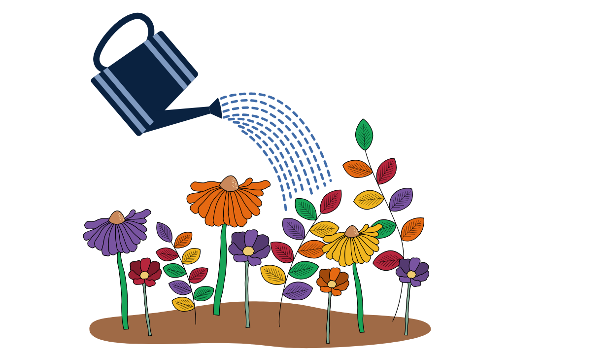 a cartoon image of a watering can sprinkling water on multicolored flowers
