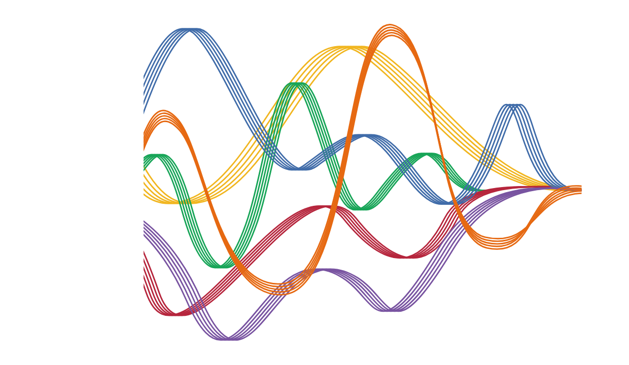 a graphic of multi-colored ribbons coming together to a point on the right