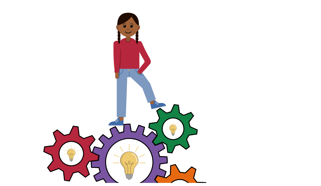 a cartoon image of a young girl with pigtail braids; she is standing on top of gears with lightbulbs in their centers