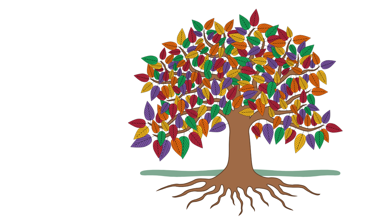 a cartoon image of a mature tree growing; the roots are visible and the leaves are multi-colored