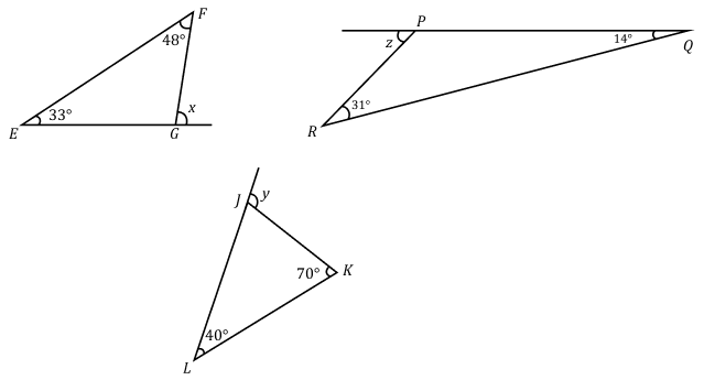 Triangle with angles 33° and 48°; another with angles 31° and 14°; third with angles 40° and 70°; find angles x, y, and z.