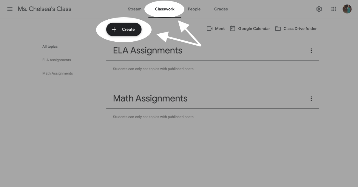 Images of Google Classroom showing how to create an assignment