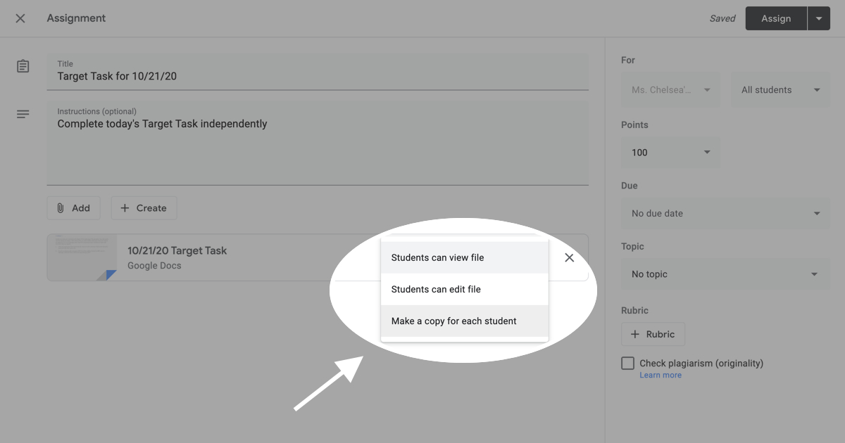 Image showing how to set whether students can edit a document or not