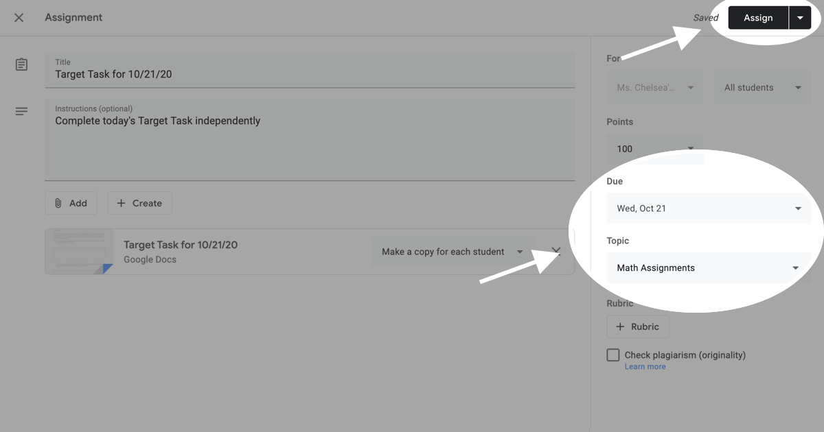 Image showing how to assign a worksheet in Google Classroom