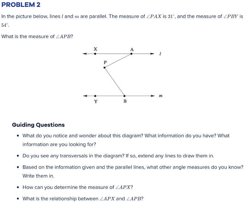 Math problem showing intersecting lines and asking students to find the measure of a given angle