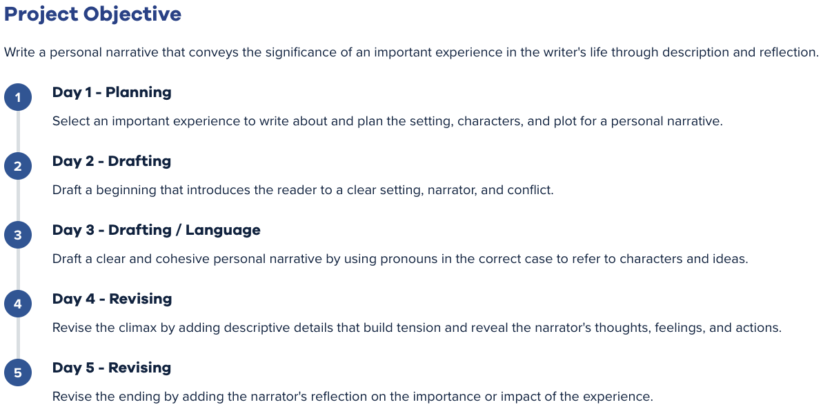 screengrab of project objective with a lesson timeline