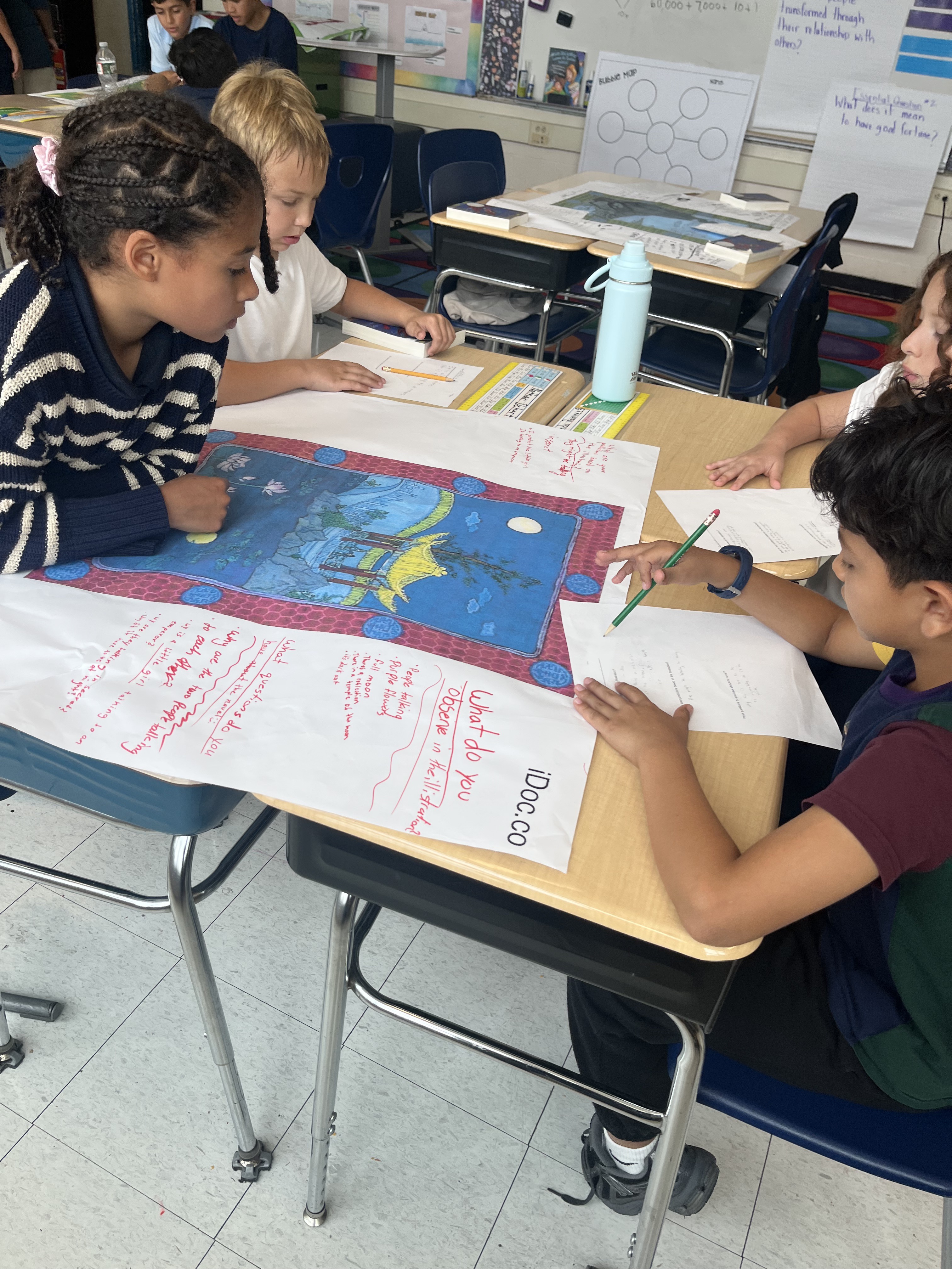 Four elementary students sitting in a group. They are discussing the contents of a poster on their table.