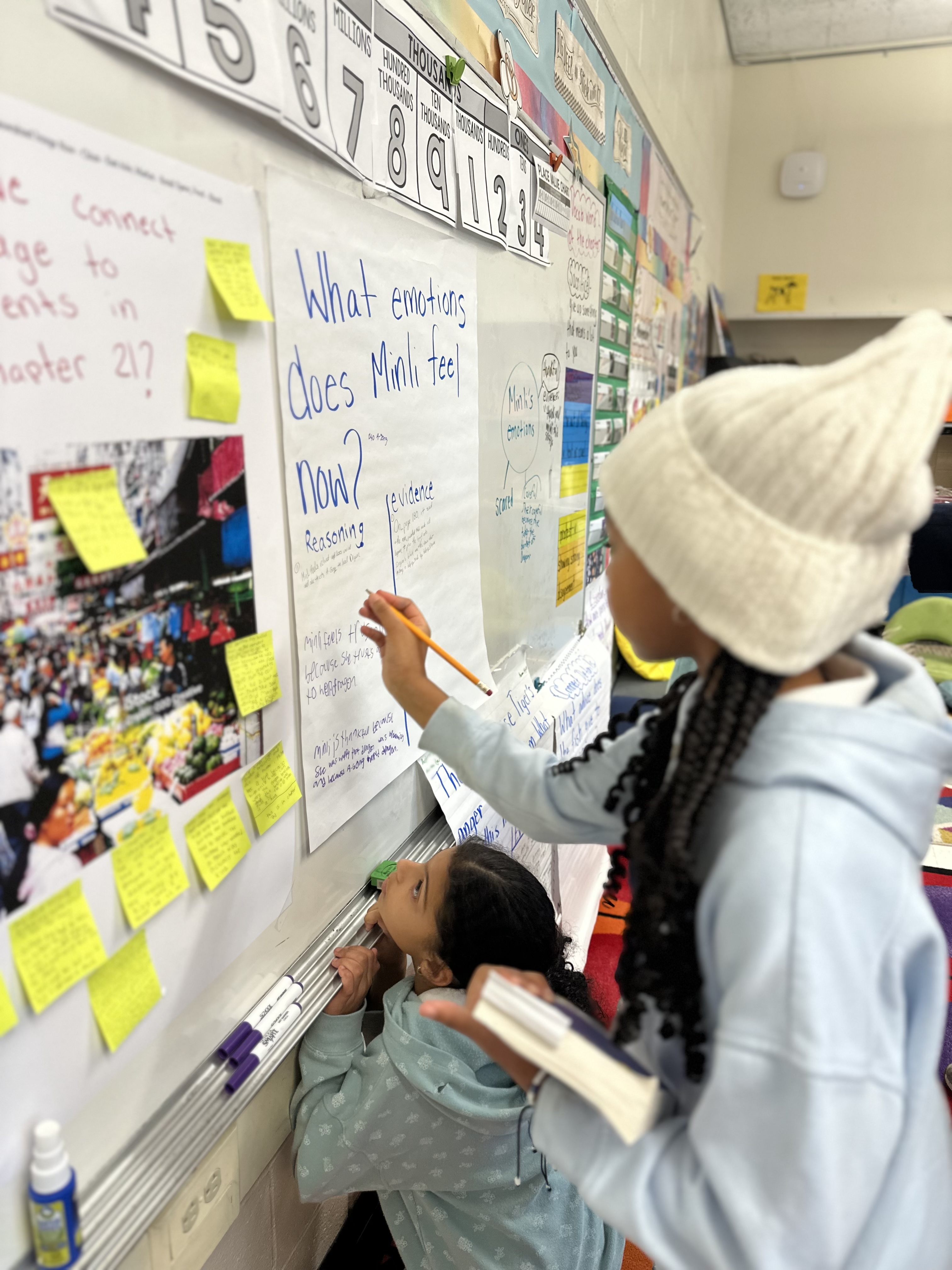 Two young students responding to a discussion question on a whiteboard.