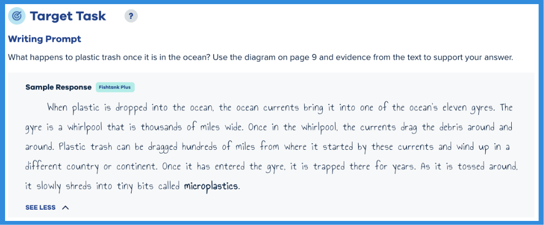 graphic displaying this unit's target task and a sample response, available in Fishtank Plus.