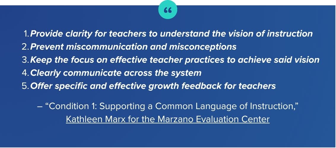 Graphic reads 5 conditions for supporting a common language of instruction, written by Kathleen Marx for the Marzano Evaluation Center.