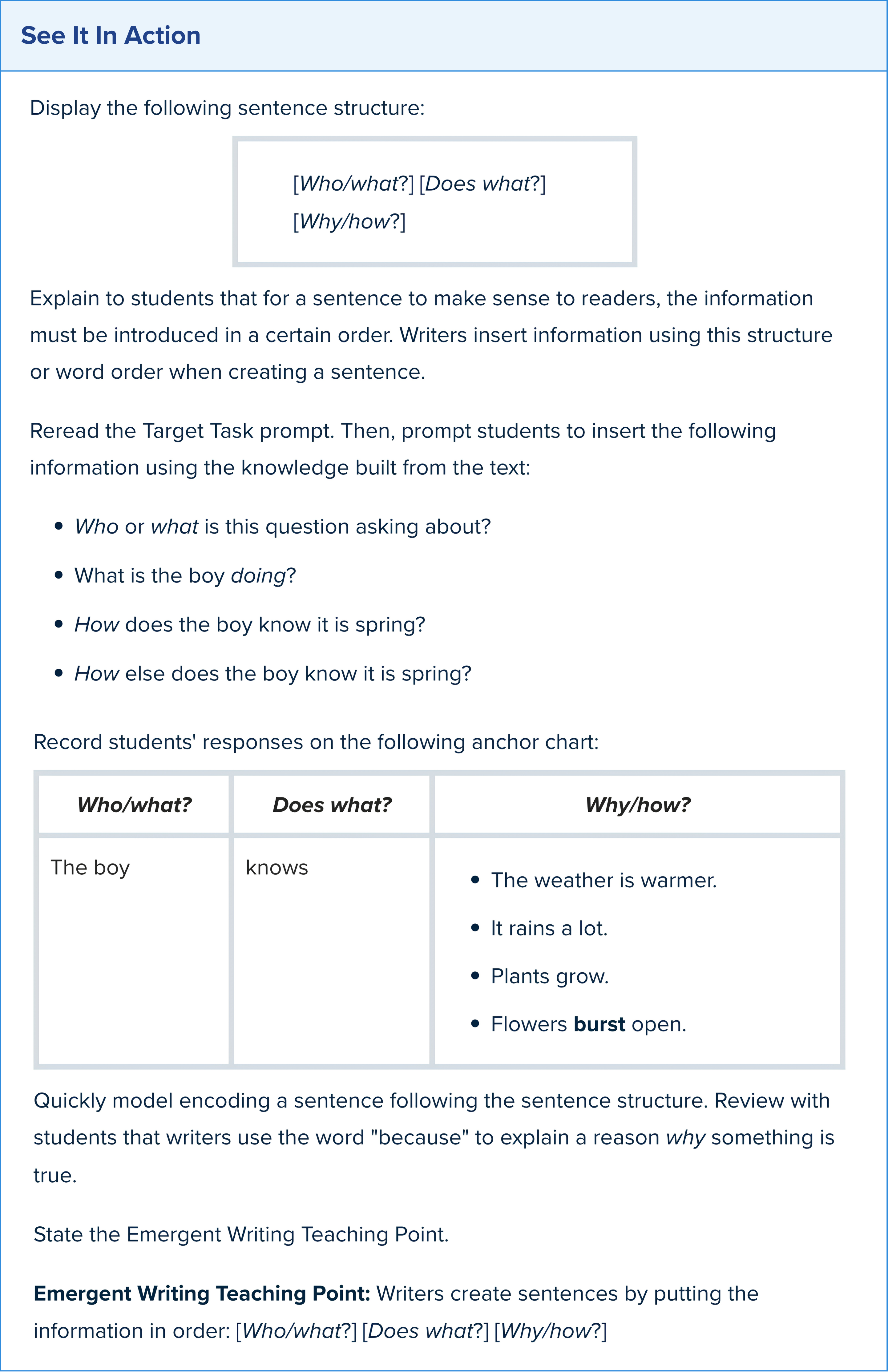 graphic with “see it in action” and the target task displayed with teacher instructions for explicit instruction in sentence structure