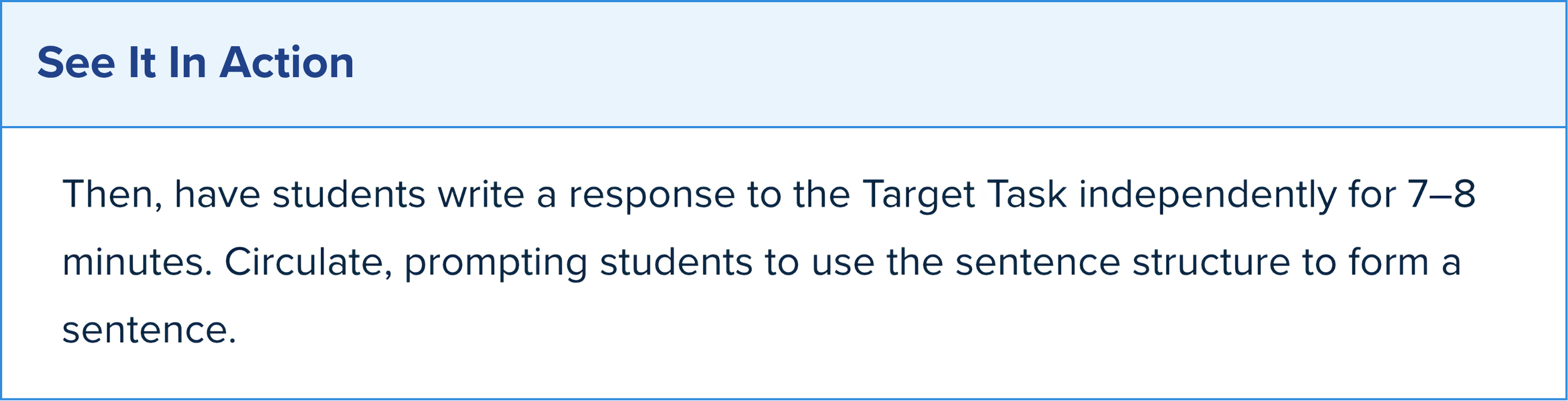 graphic with “see it in action” and the teacher instructions for independent writing practice