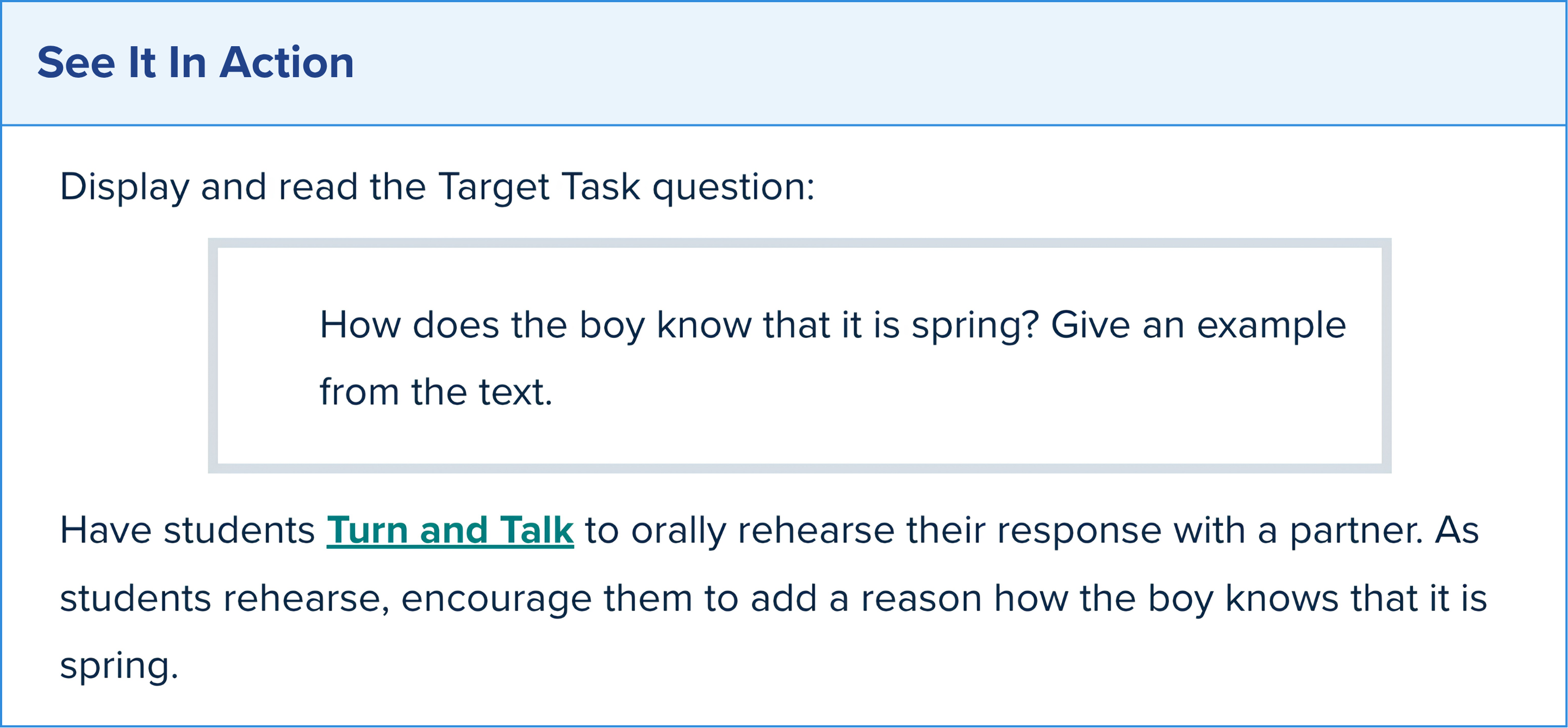 graphic with “see it in action” and the target task displayed with teacher instructions